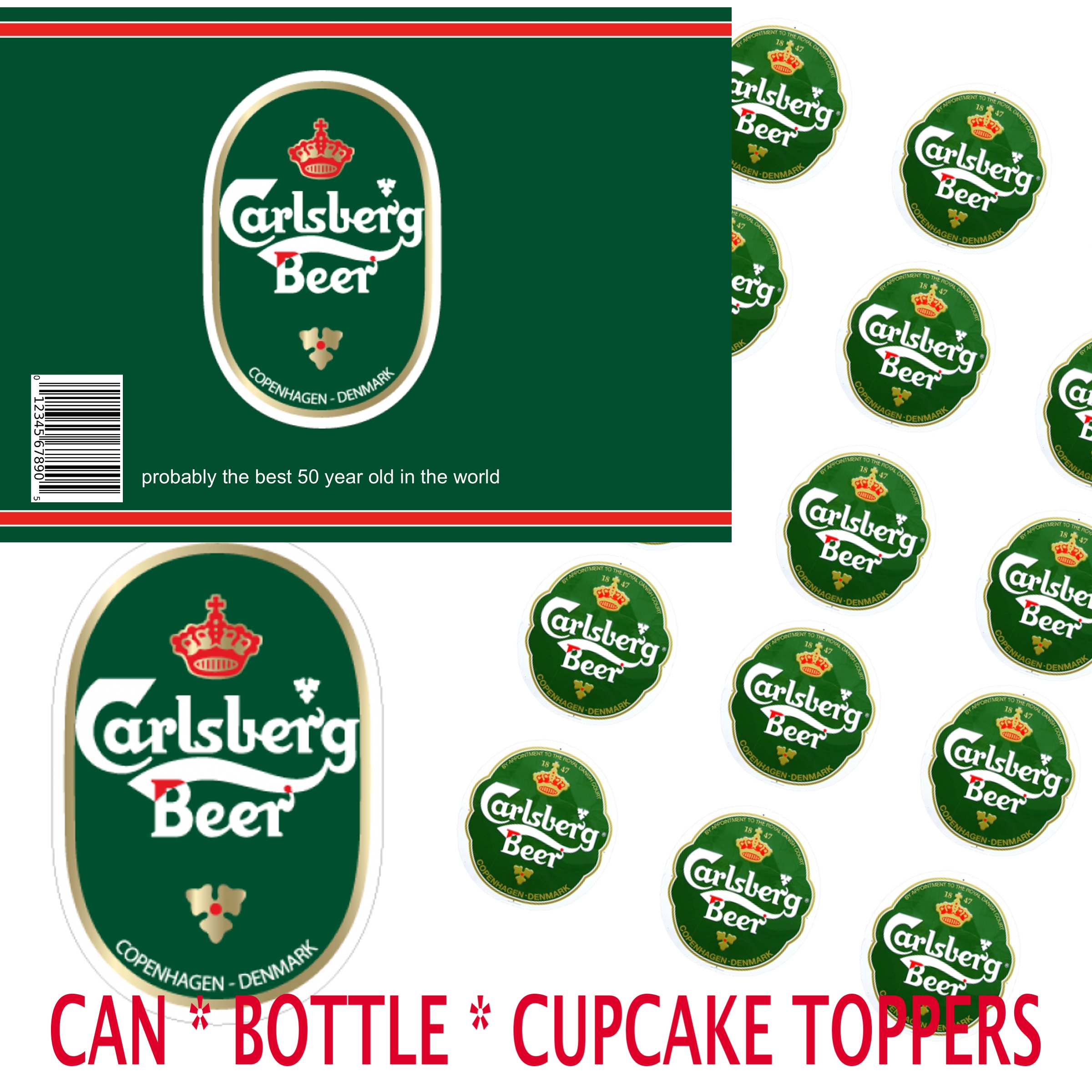 Carlsberg beer can & bottle labels edible icing cake & cupcake toppers 